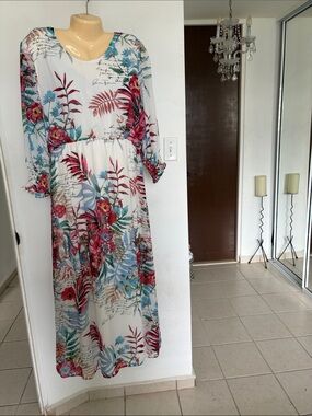 Tacera White Maxi Dress with Pink & Blue Floral Print